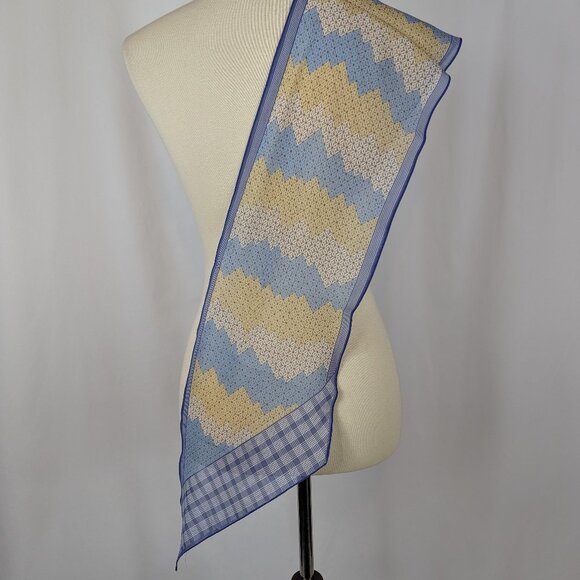 Sally Gee Rectangle Scarf Silk Blend Chiffon Blue Tan Plaid Striped Vintage 60" - Picture 4 of 4